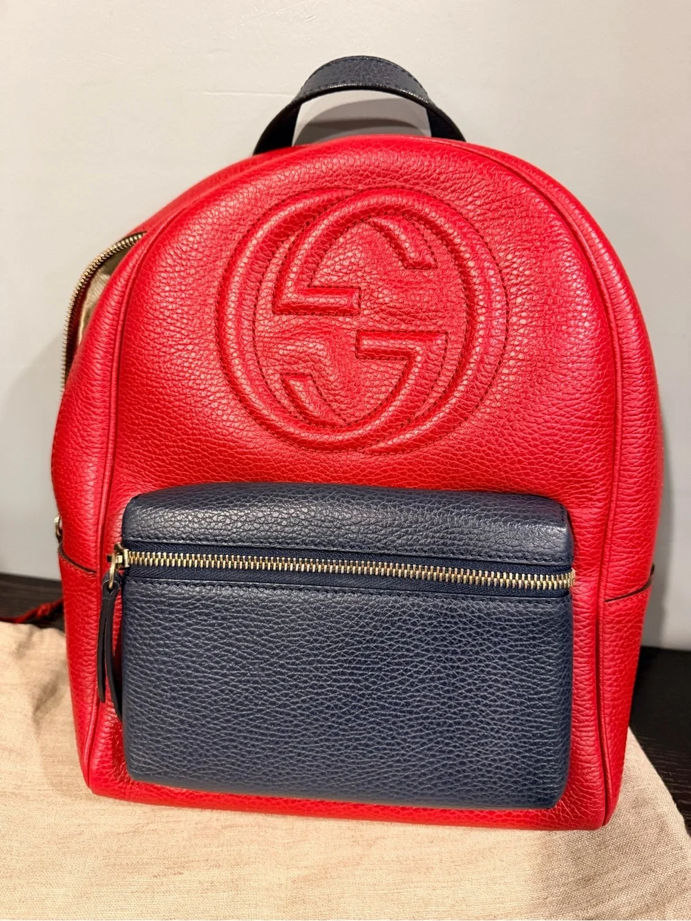 GUCCI *LIKE NEW* Red & Black Leather Mini Backpack & Gold Chain - W/ Dusty